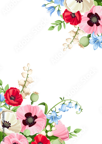 Vector card with red, pink, white, and blue poppy, bluebell, and lily-of-the-valley flowers. Greeting or invitation card design