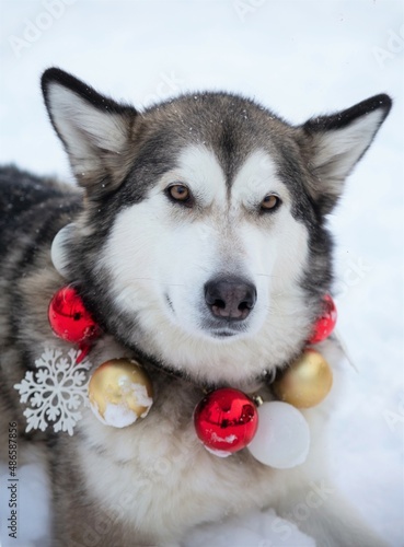 A portrait of a cute and funny malamute with a New Year necklace