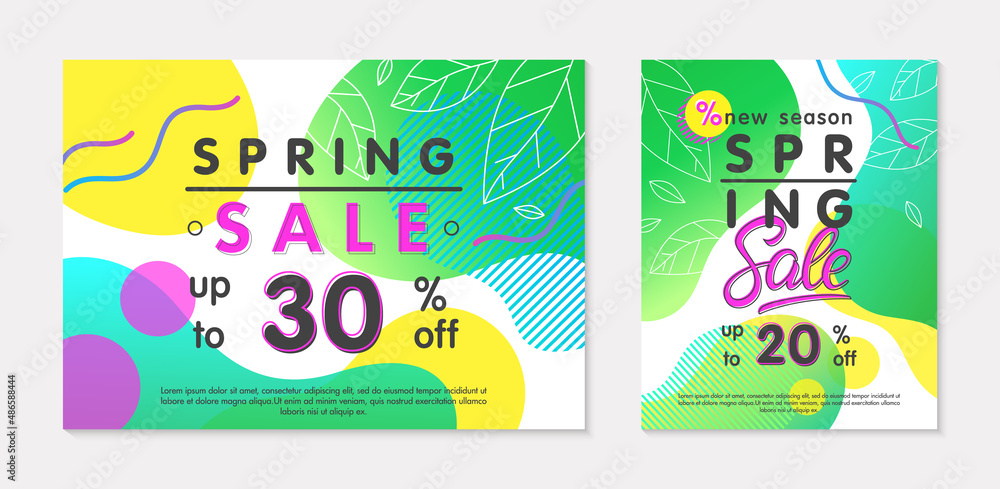 Set of spring sale banners with green gradient backgrounds;linear leaves;bright fluid shapes and geometric elements.Special offer layouts for ads;flyers,promos;web banners,social media.