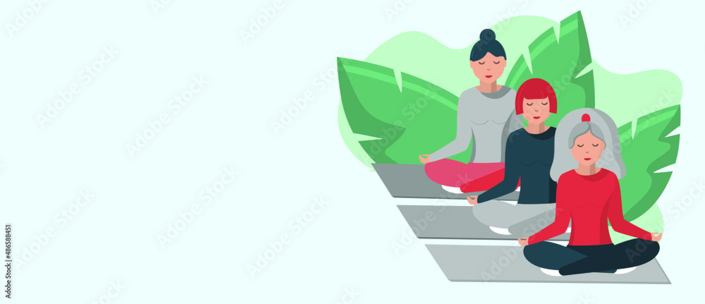 Three young women sit in lotus position and meditate. Concept of healthy lifestyle. Vector illustration