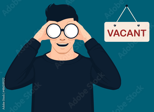 businessman manager with binoculars, join us vacancy open recruitment and hiring concept, hr team vector illustration