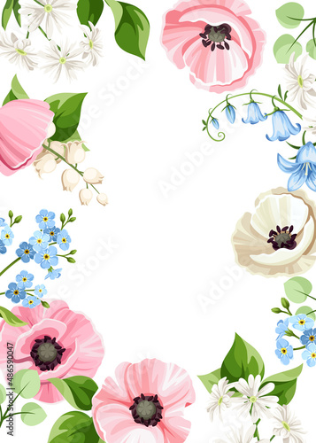 Vector card with pink, white, and blue poppy, bluebell, forget-me-not, and lily-of-the-valley flowers. Greeting or invitation card design
