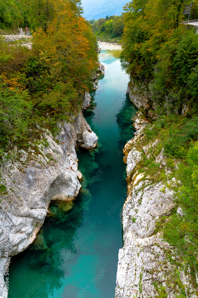 the crystalclear Water of River Soča cutes deep into Limestonerocks, Kobarid, Slovenia the crystalclear Water of River Soča cutes deep into Limestonerocks, Kobarid, Slovenia