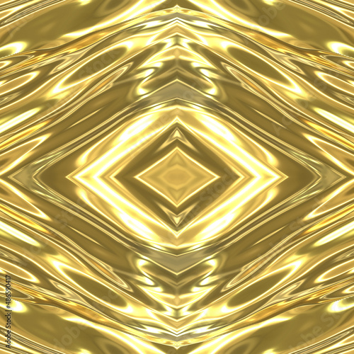 A stream of liquid gold. Yellow seamless mirror background with a golden flowing river. 3D image with golden texture with diagonal waves. 