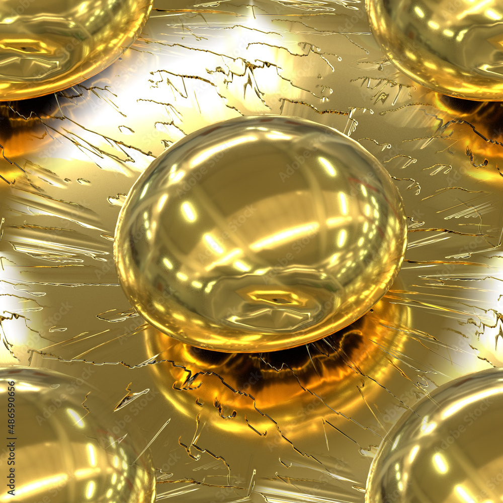 Gold seamless abstraction with a transparent ball. Close-up of a golden drop of liquid gold on a golden texture with cracks. 3D image.
Gold seamless abstraction with a transparent ball. Close-up of a golden drop of liquid gold on a golden texture with cracks. 3D image.
