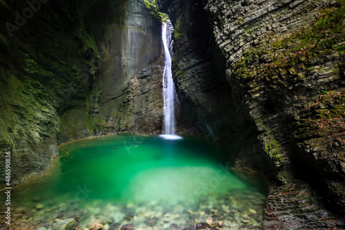 Kozjak-Waterfall, water splashing in a emerald green pond, Kobarid, Slovenia