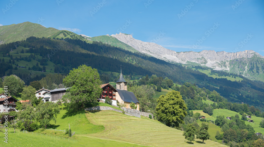 idyllic alpine village, tourist destination Luzein, Prattigau, switzerland