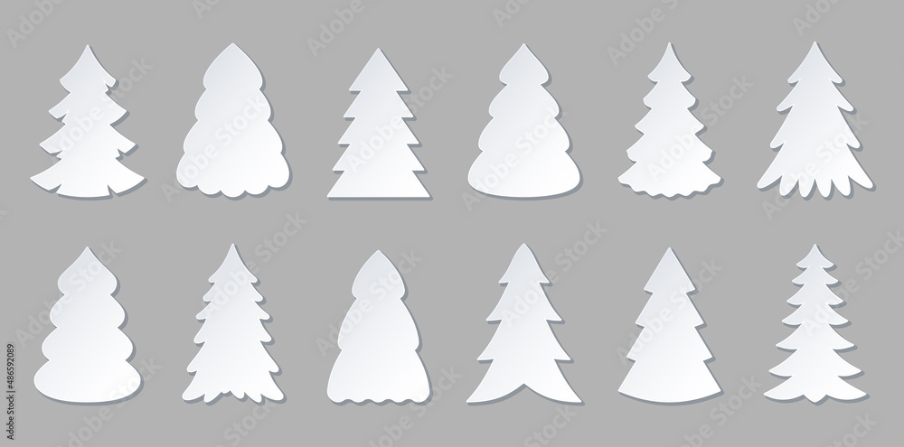 Fototapeta premium Paper cut christmas tree origami sticker flat set. Abstract collection tree 3d model template. Blank banner label badge simple variety shape. Holiday decoration handmade crafts winter object isolated