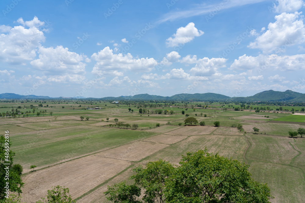 View of the fields where rice has been harvested There are mountains and bright sky in the background in Thailand.