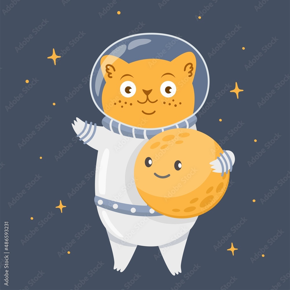 Cute vector print for kids clothes. Red cat astronaut holds the moon in his hands.