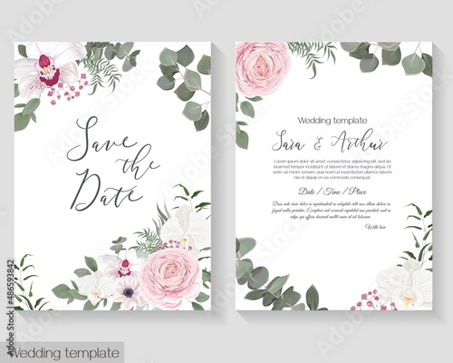 Vector floral template for wedding invitations. Pink roses, white orchids, berries, gypsophila, eucalyptus, green plants and flowers. Postcard for your text.