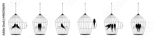 Obraz na plátne Bird cage illustration with birds silhouettes isolated on white background, vector