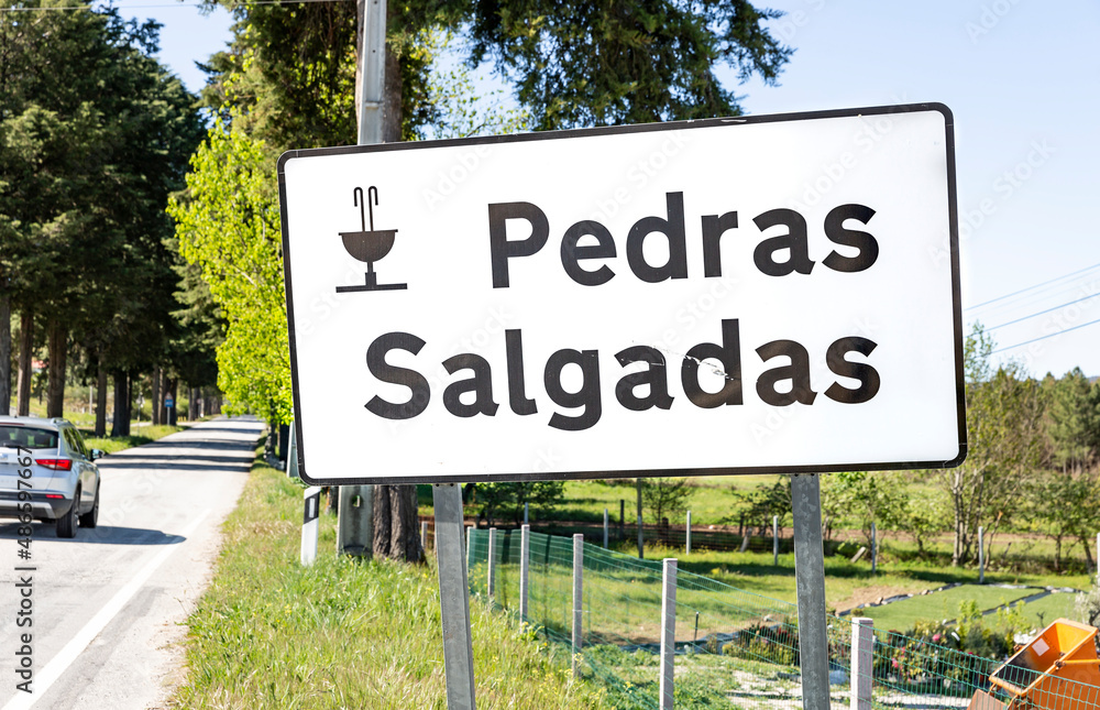 village entry sign at Pedras Salgadas (Bornes de Aguiar), municipality of Vila Pouca de Aguiar, district of Vila Real, Portugal village entry sign at Pedras Salgadas (Bornes de Aguiar), municipality of Vila Pouca de Aguiar, district of Vila Real, Portugal