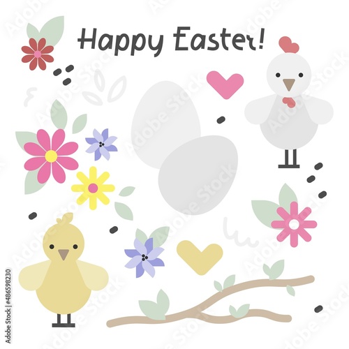 Vector easter set with cute illustrations and lettering text, hen, chicken, eggs and flowers.