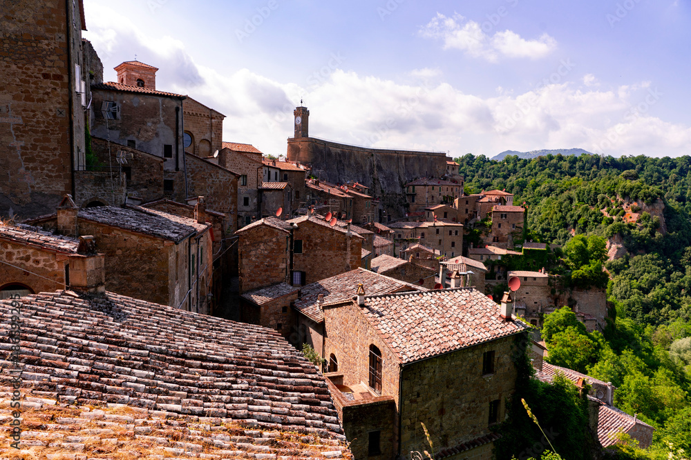 City panorama of ancient houses and narrow roads of Sorano Tuscany