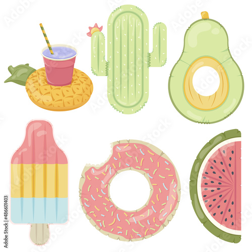 A set of inflatable mattress icons in various shapes for pool parties, beach holidays and hotel vacations. Vector illustration