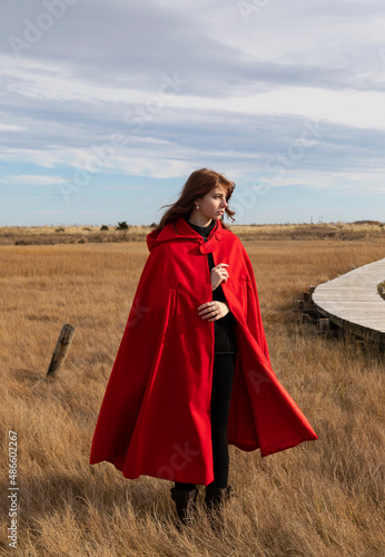  Girl with elegant Red cape coat