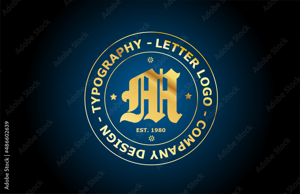 Naklejka premium gold M vintage alphabet letter logo icon design. Creative template for label and badge in golden style