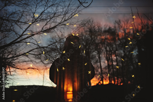 Early morning wintery reflection in a window with fairy lights