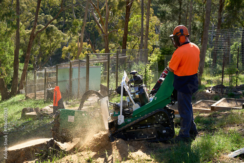 Man using a stump grinder to clean up landscape 