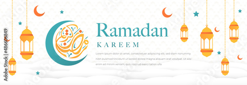Ramadan Kareem horizontal banner background arabic pattern paper style beautiful islamic festival poster use for iftar party and eid mubarak celebration