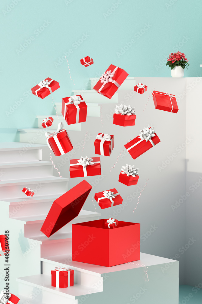Abstract Christmas presents bursting out of box Abstract Christmas presents bursting out of box
