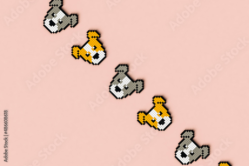 a row of Pixelated dogs on pink background photo