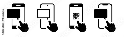 QR code scan icon with smartphone. bubble icon with smartphone touch.