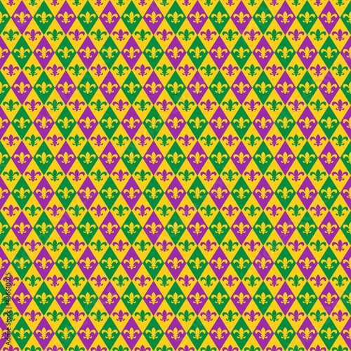 Mardi Gras seamless pattern.  Fleur de lis  checkered background. Green, purple and yellow background.  Vector template for carnival decorations