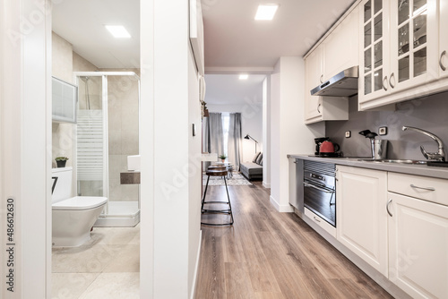 Panoramic view of the kitchen and toilet at the entrance of a short-term rental apartment