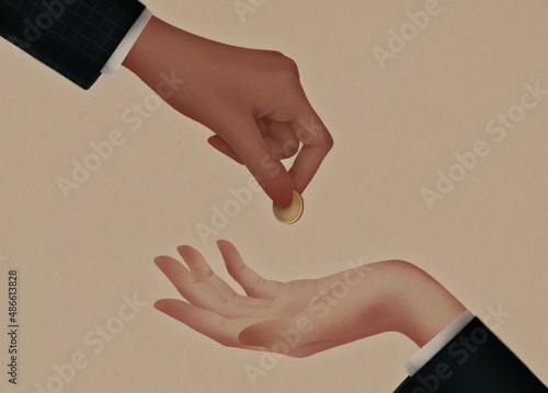 Hand giving gold coin to another hand