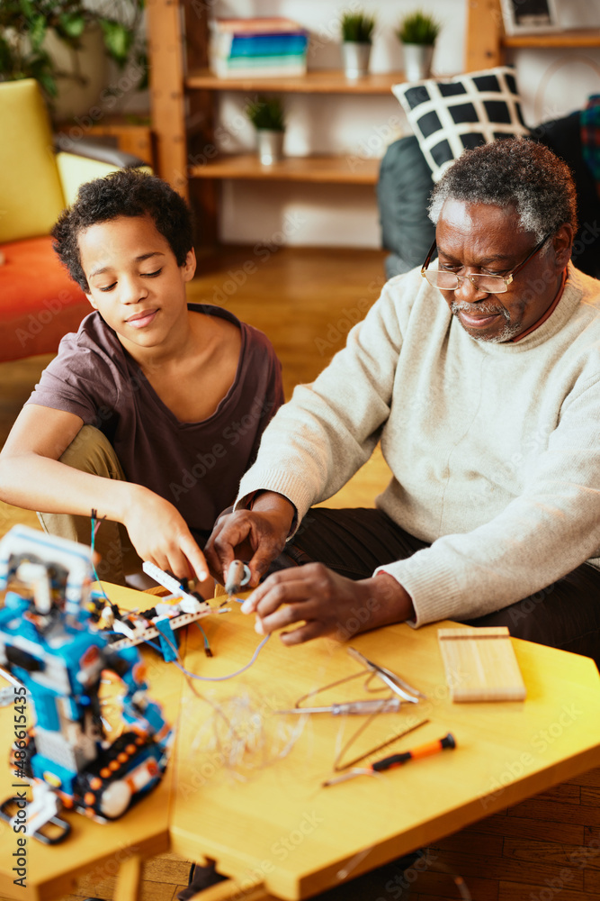 Fototapeta premium A grandad and grandson making a robot together at home. Education in robotics and electronics.