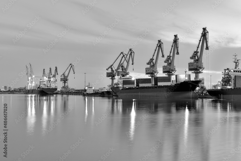 In the setting sun, cranes at the coastal wharf are hoisting goods for cargo ships, with monochrome photography effect.