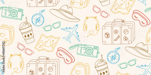 Travel seamless pattern vacation journey doodle line scrapbook wrapper. Vintage camera, sleep mask luggage suitcase headphones plane trendy print. Summer holiday cartoon endless background, packaging