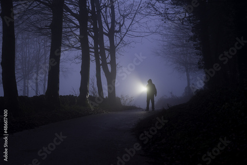 A man with a torch in a forest at night photo