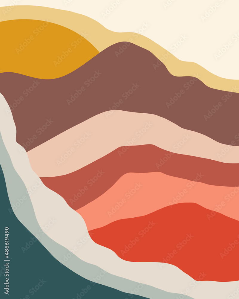 Layered Abstract Landscape With Yellow Sun Layered Abstract Landscape With Yellow Sun