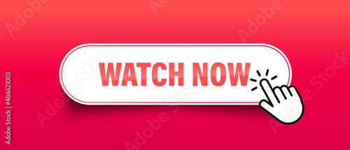 Watch now button with cursor in flat style on red background. Isolated vector illustration. Flat vector illustration
