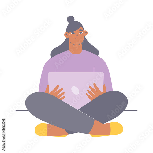 Young woman with laptop sitting on the floor. Flat character vector illustration.