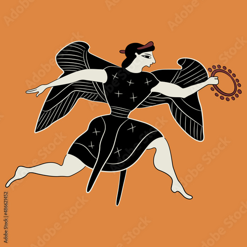 Running winged ancient Greek goddess Nike or Victory holding laurel wreath. Vase painting style.