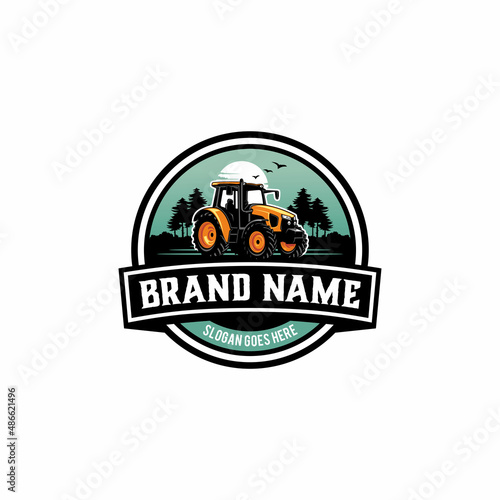 farm logo with tractor and nature backgorund in modern style