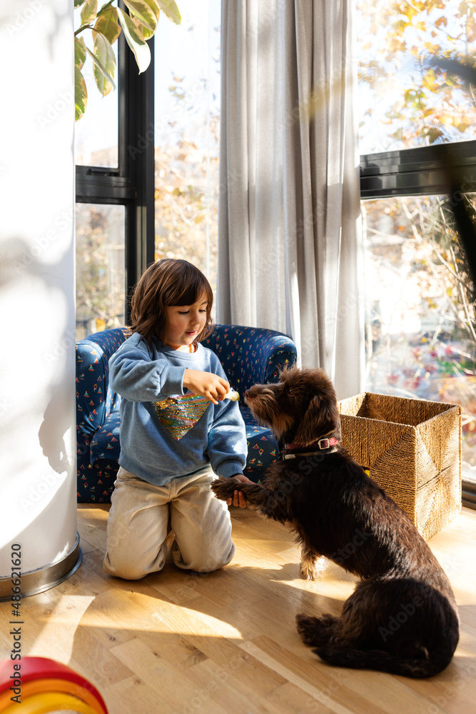 Little girl feeding her doggy at home Little girl feeding her doggy at home