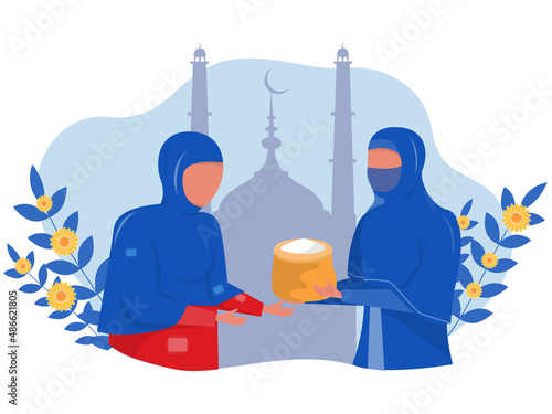 Zakat Ramadan,Zakat sadaqah concept of donation in Islam ,muslim people giving to the poor flat vector illustrator