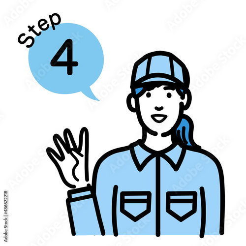 ステップ4 手順について説明をしている作業服の若い女性
