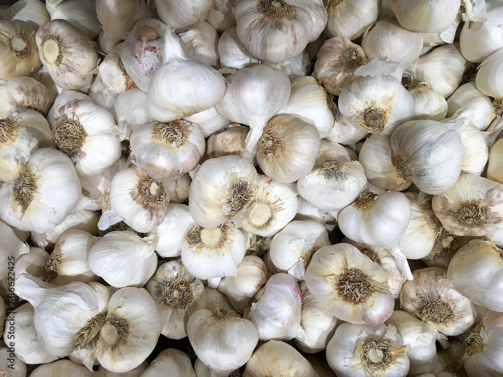 Organic garlic displayed at a market stand frame view of organic Gold Potatoes displayed at a market stand Organic garlic displayed at a market stand frame view of organic Gold Potatoes displayed at a market stand