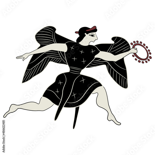 Running winged ancient Greek goddess Nike or Victory holding laurel wreath. Vase painting style.