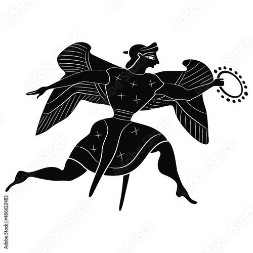 Running winged ancient Greek goddess Nike or Victory holding laurel wreath. Black and white negative silhouette. Vase painting style.