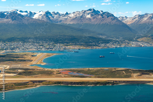 Argentina, Tierra de Fuego, view from the landing plane on the amazing landscape and the city of Ushuaia