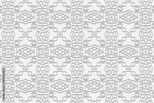 Embossed ethnic white background, eye-catching cover design. Geometric elegant ornamental 3D pattern. Artistic creativity of the peoples of the East, Asia, India, Mexico, Aztecs.