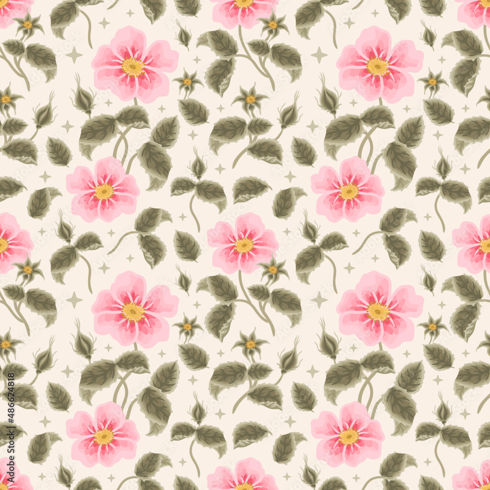 Vintage Aesthetic Hand Drawn Shabby Chic Pink Rosa Canina Flower Seamless Pattern