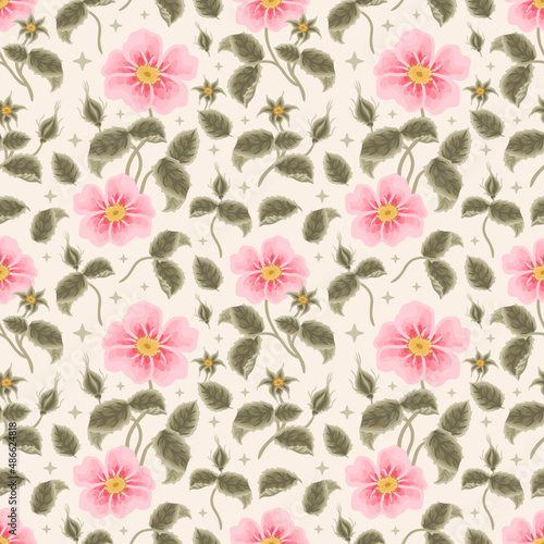 Vintage Aesthetic Hand Drawn Shabby Chic Pink Rosa Canina Flower Seamless Pattern